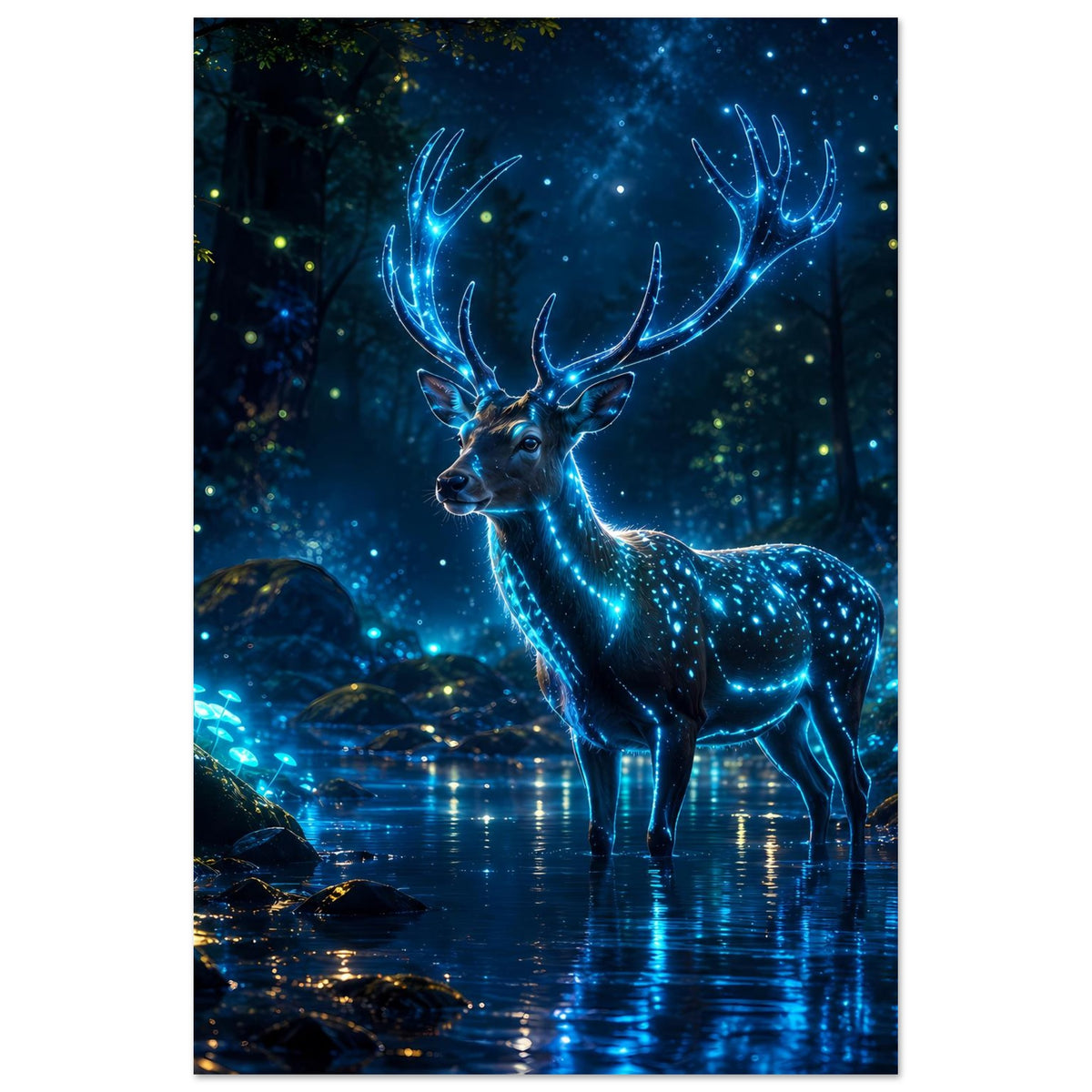 Poster im Hochformat: leuchtendes Reh mit blauem Geweih, am spiegelnden Wasser im Wald