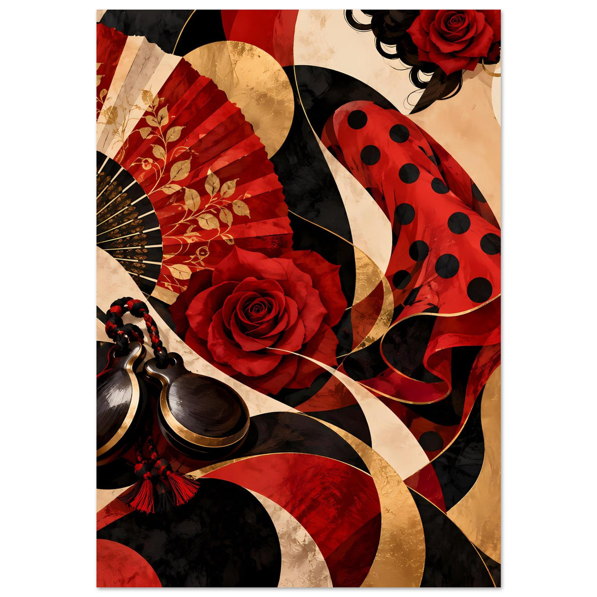 Flamenco-Poster mit Fächer, roter Rose, gepunkteter Flamenco-Silhouette und goldfarbenen Bögen.