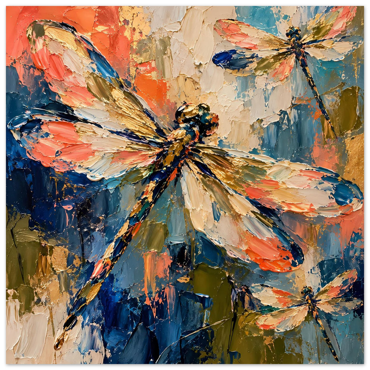 Kunstposter mit Libellenmotiv, vertikal; kräftige Farben in Orange, Blau, Grün und Creme