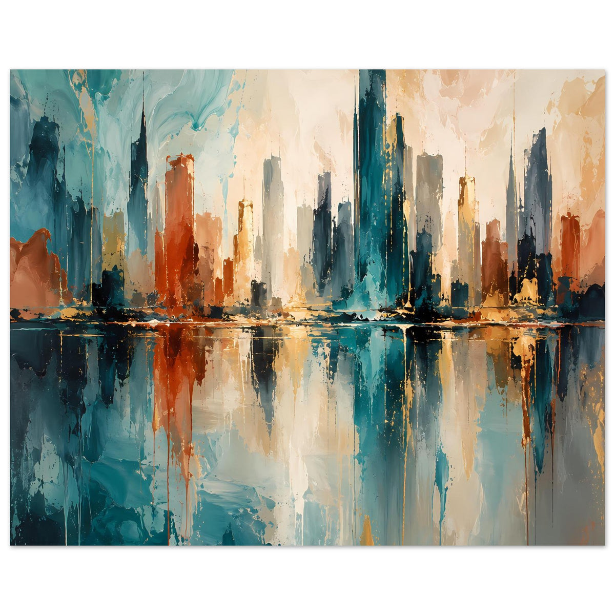 Abstraktes Skyline-Poster mit Spiegelung, Farben Blau, Gold und Rost, im Rahmen
