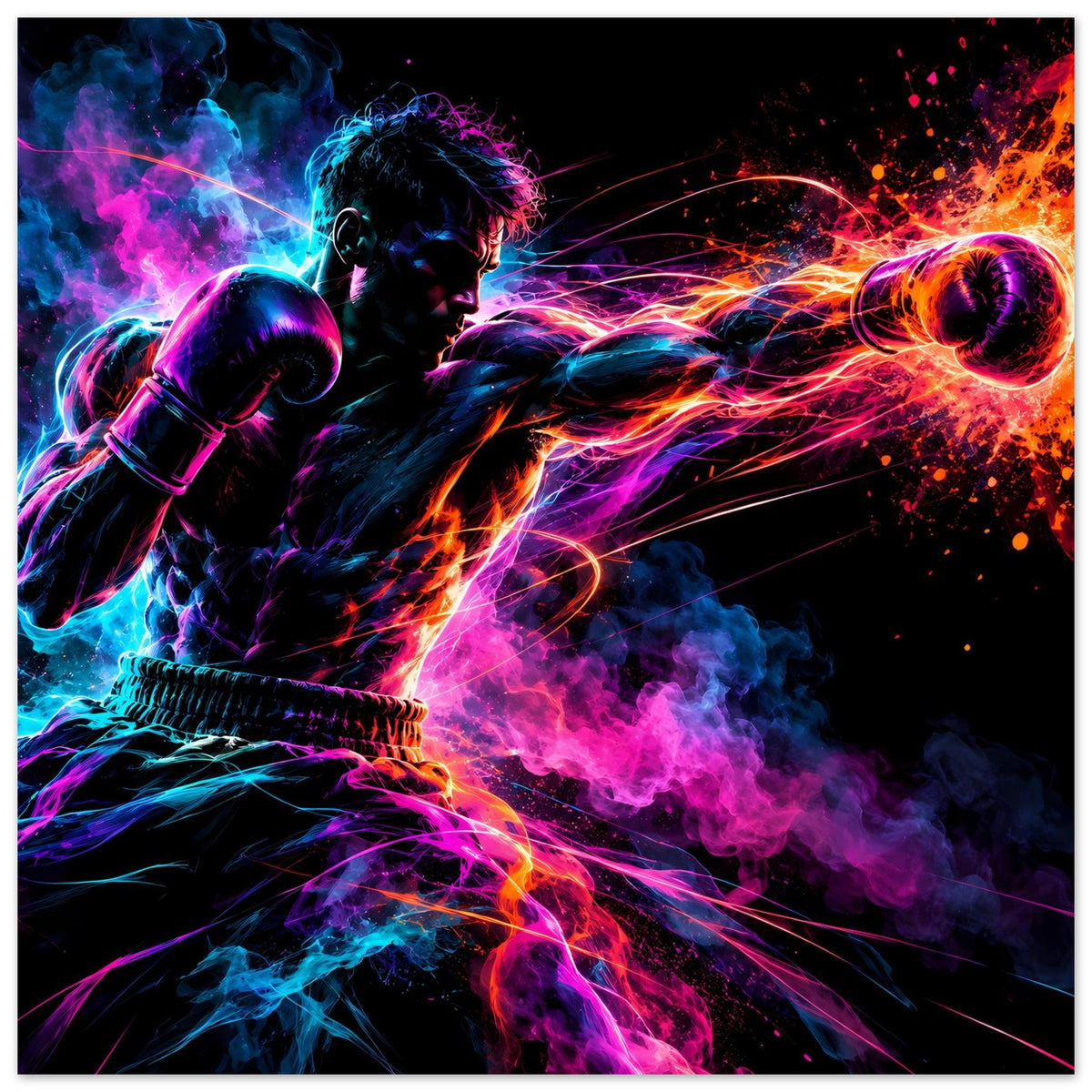 Neon-Boxer-Poster im Hochformat mit schwarzem Rahmen: Boxerfigur, farbiger Rauch und Lichtspuren