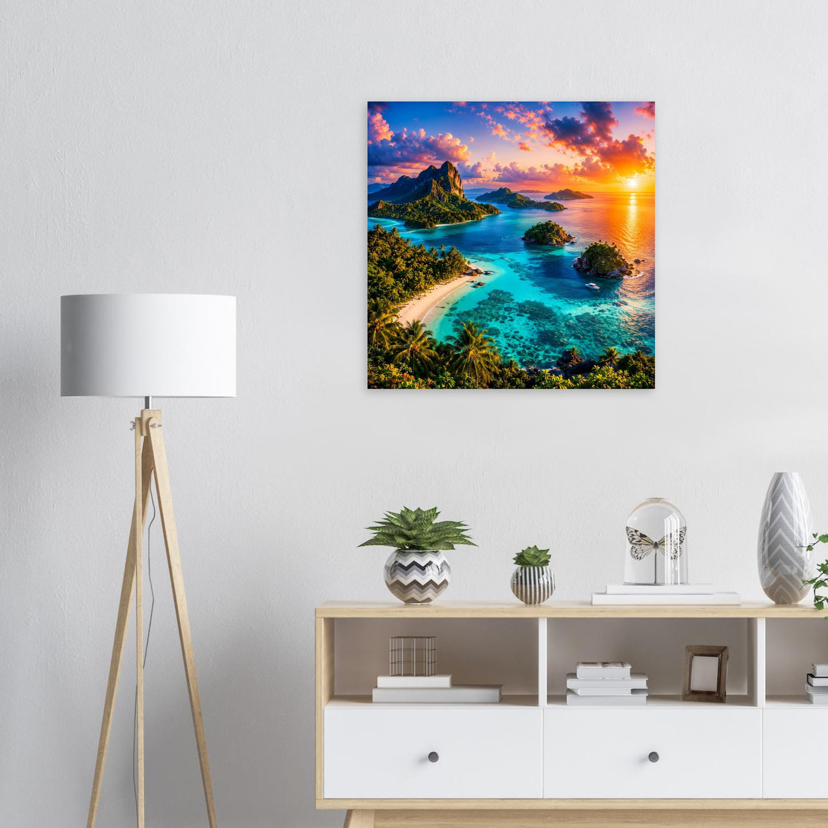 Gerahmtes Poster: türkisblauer Strand, Inseln und Sonnenuntergang am Meer