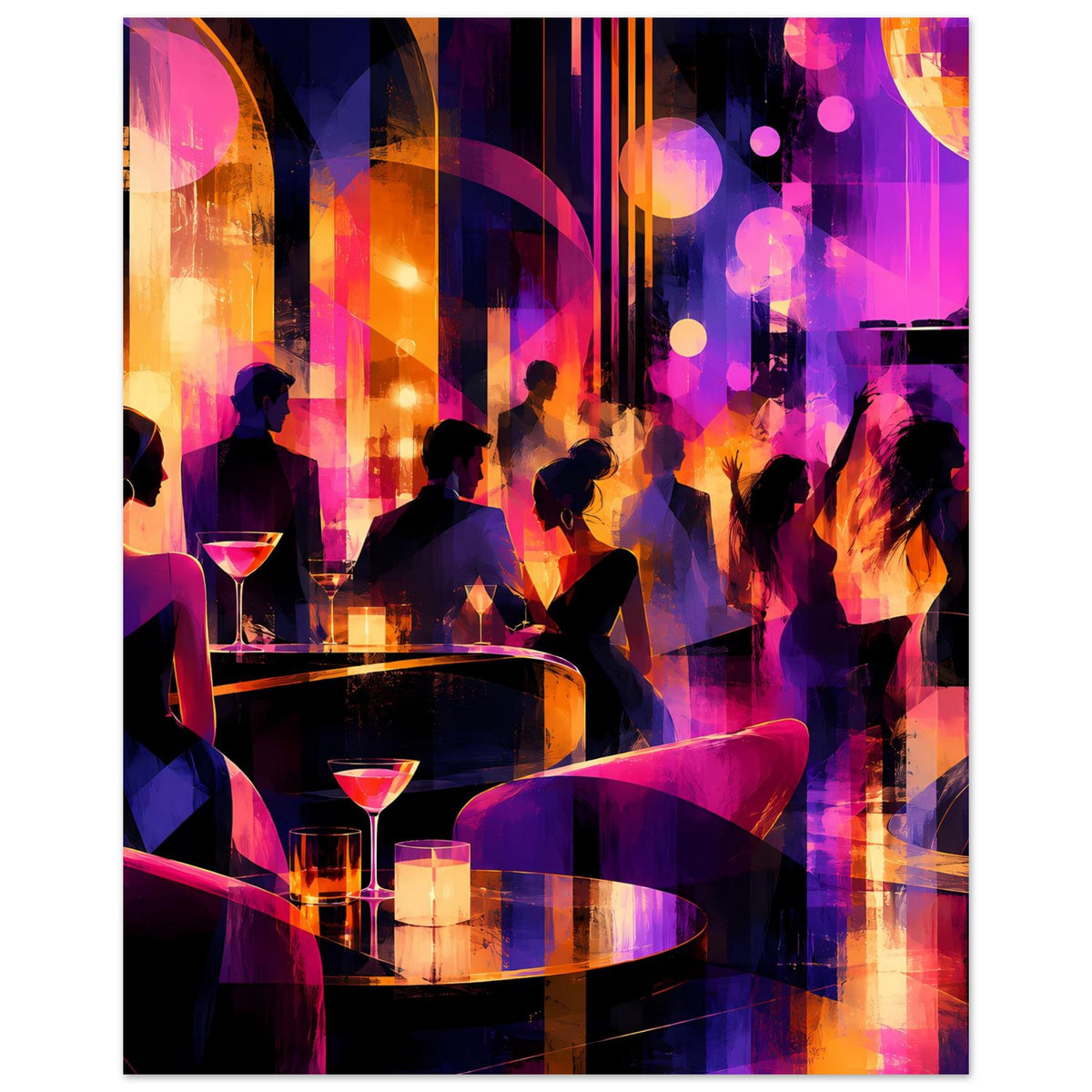 Nachtleben-Poster im Hochformat: Personen an der Bar, Cocktailgläser, violette und orange Lichter