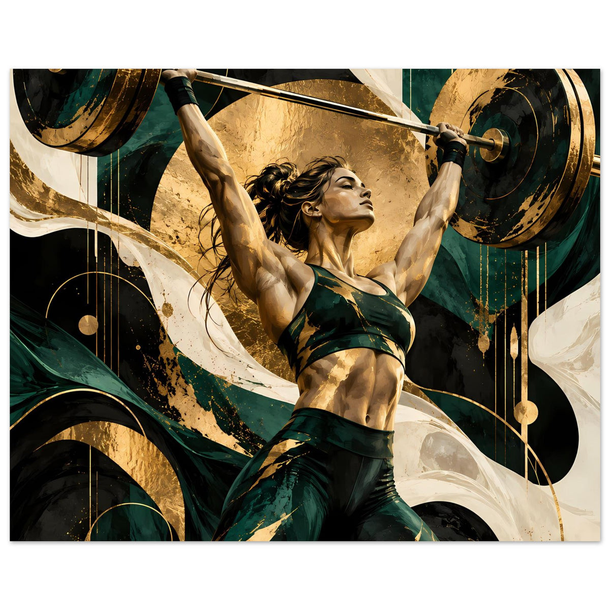 Kunstposter (quer) mit Athletin und Langhantel, goldene Scheiben und grün-schwarze Grafik