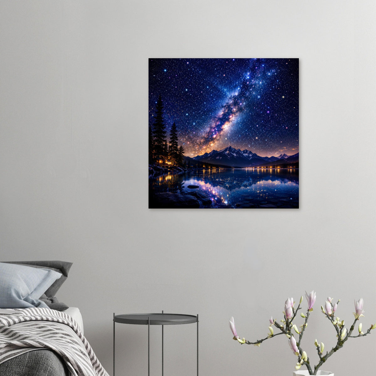 Wandposter im kleinen Format mit Milchstraße über Bergen und spiegelndem See