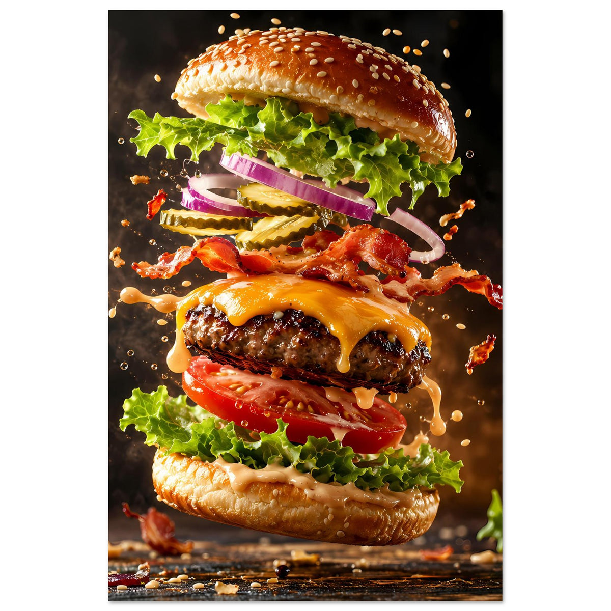 Burger-Poster im Hochformat mit Käse, Tomate, Salat und Bacon-Scheiben