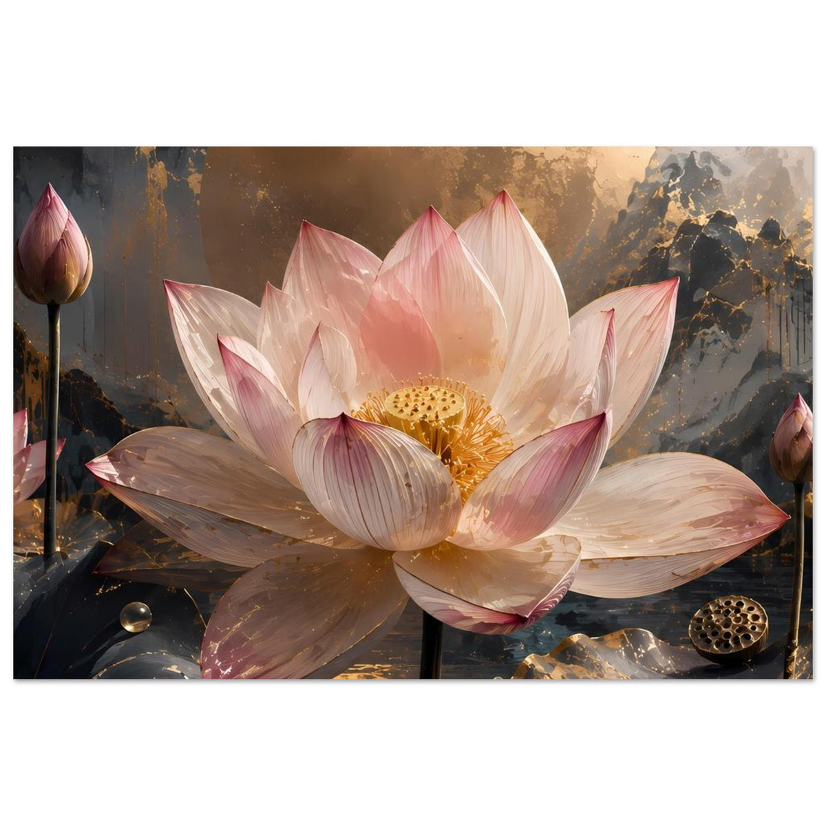 Poster mit großer rosafarbener Lotusblüte, goldener Mondscheibe und dunklen Blättern