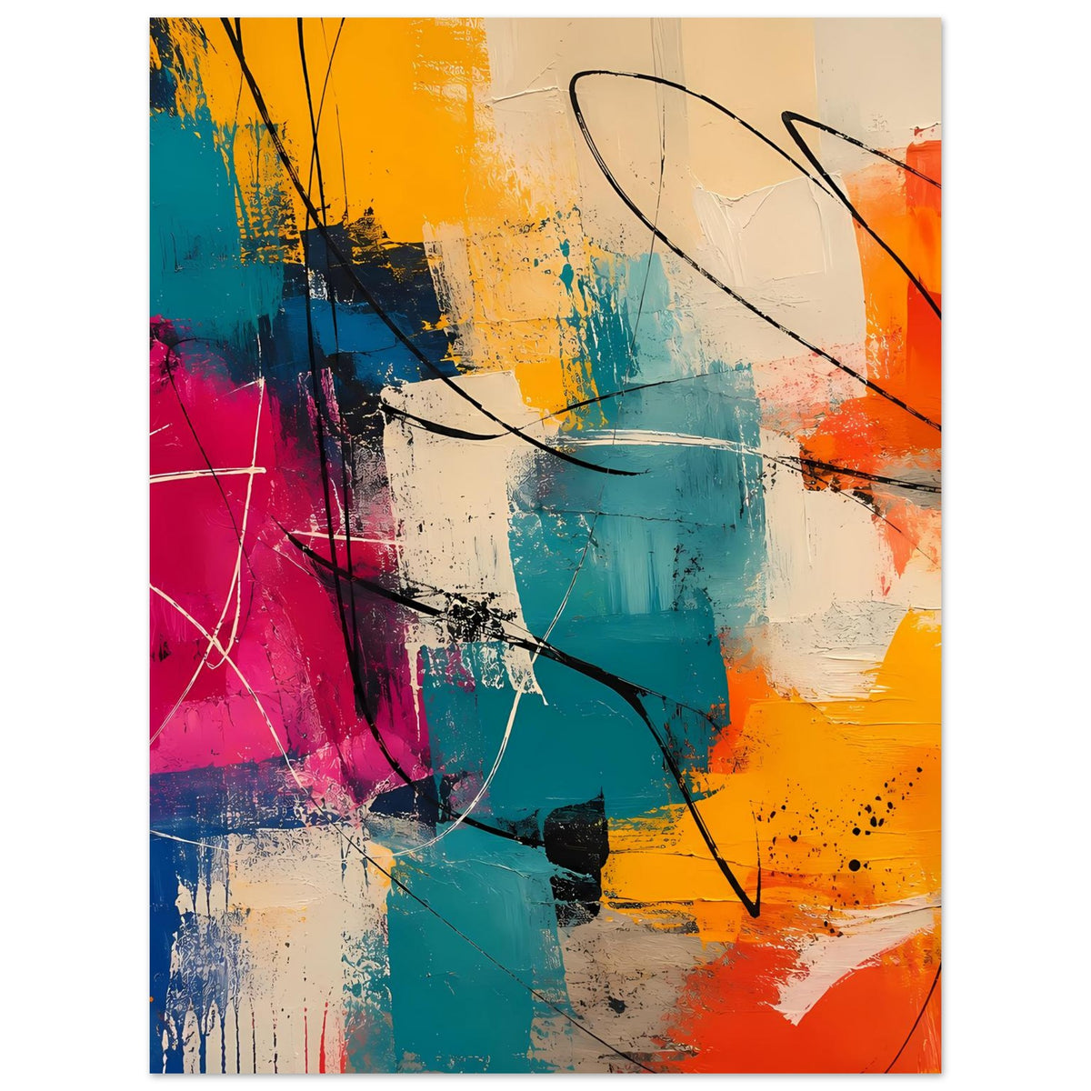 Abstraktes Kunstposter im Hochformat, schwarz umrandete Linien über kräftigen Farbbereichen