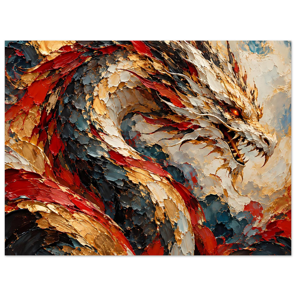 Fantasy-Poster: Drachenkopf mittig, rote und goldene Schuppen, dramatischer Feuerlook