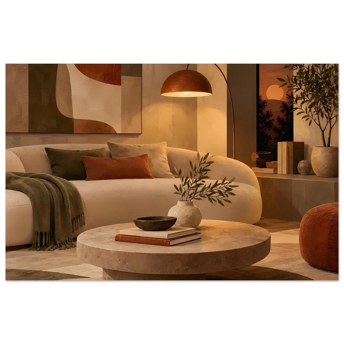 Gerahmtes Abstract-Wandbild in warmen Erdtönen, braun-beige Formen, horizontal