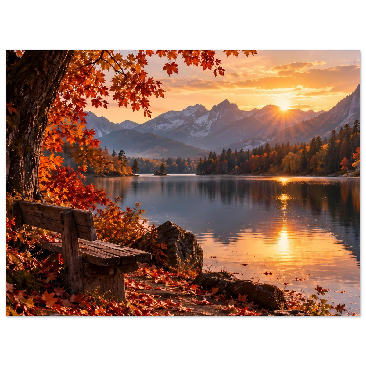 Herbstlandschafts-Poster: rotes Herbstlaub über dem See, Holzbank am Ufer, Berge im Abendlicht