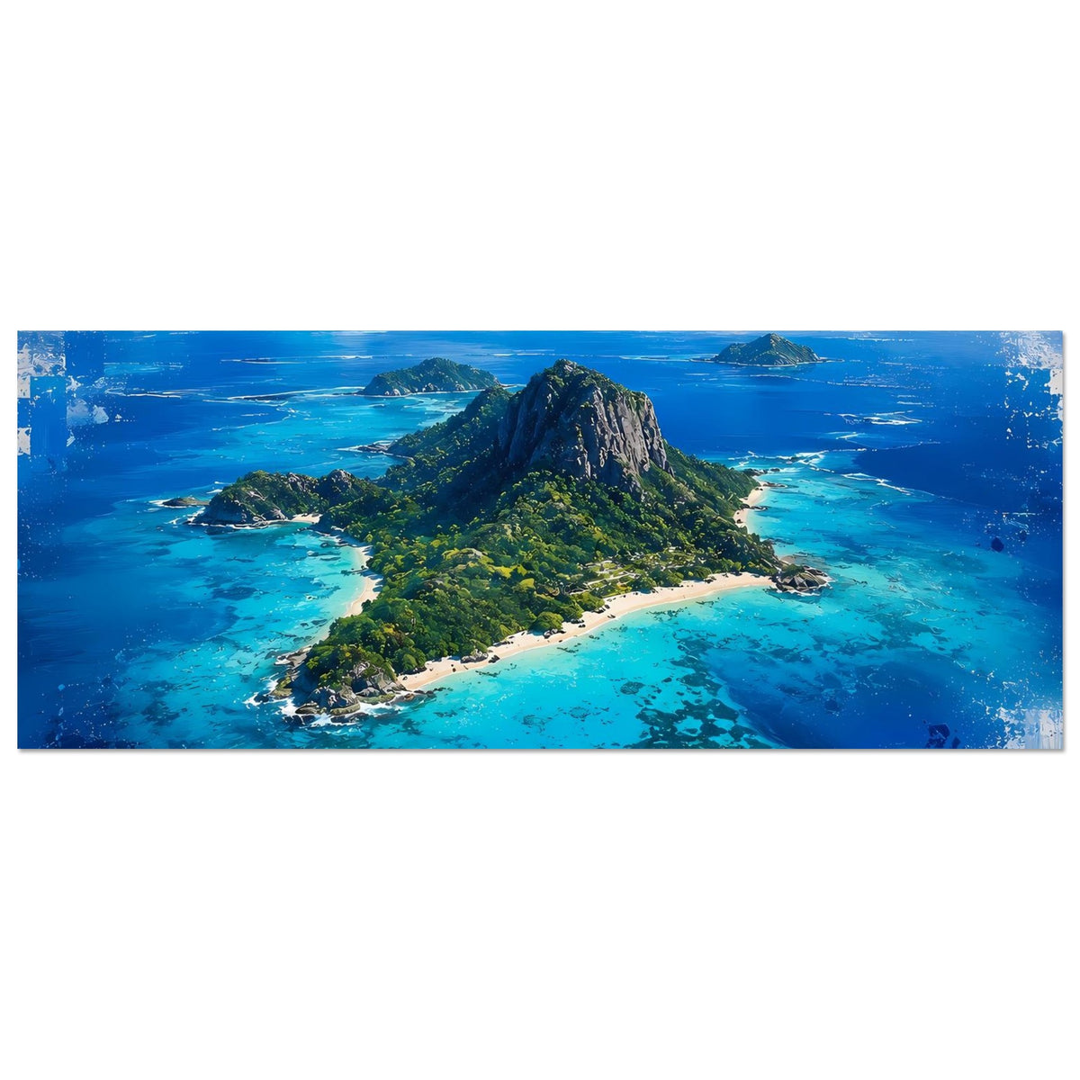 Breitformatiges Poster: tropische Insel mit Felsberg, türkisfarbenes Wasser und Sandbuchten