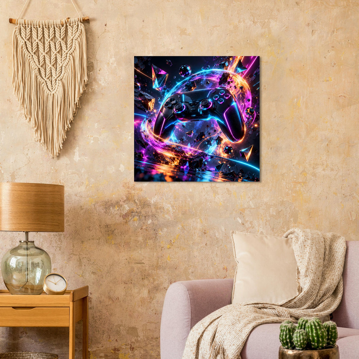 Poster mit Gaming-Controller in Neon, violett, blau und orange Lichteffekten