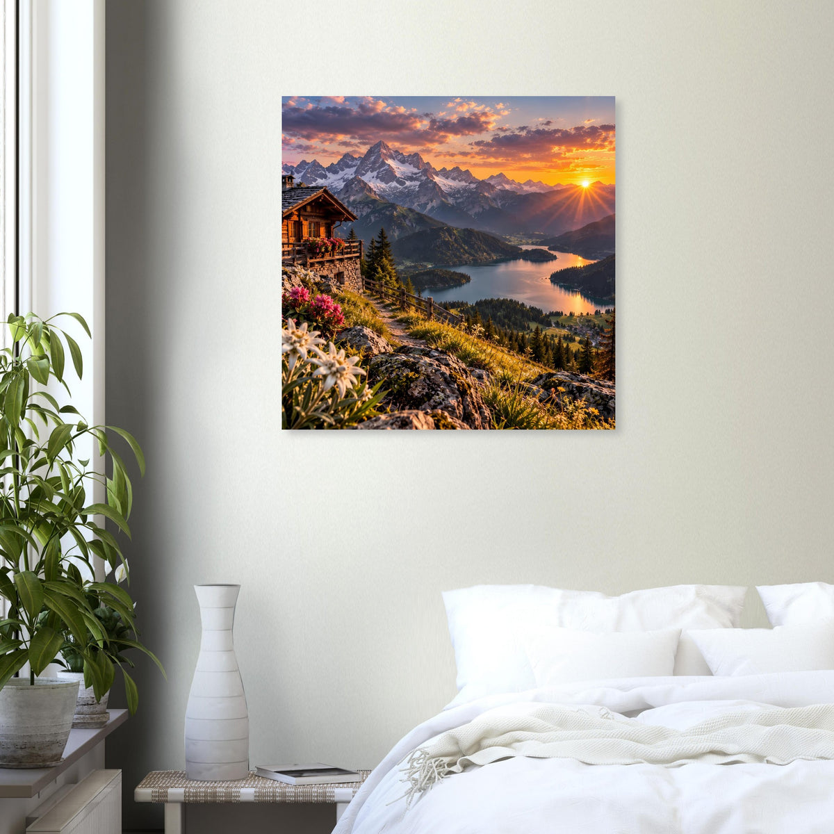 Landschaftsposter mit Alpenlandschaft, Blick ins Tal und See bei Sonnenuntergang, quadratisch