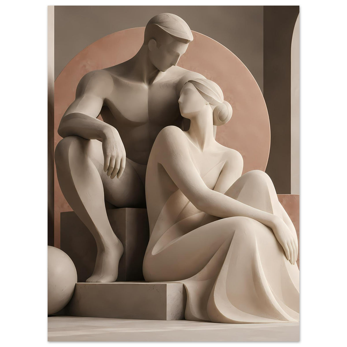 Kunstposter: sitzendes Liebespaar als Skulptur in hellen Erdtönen vor rundem Hintergrund
