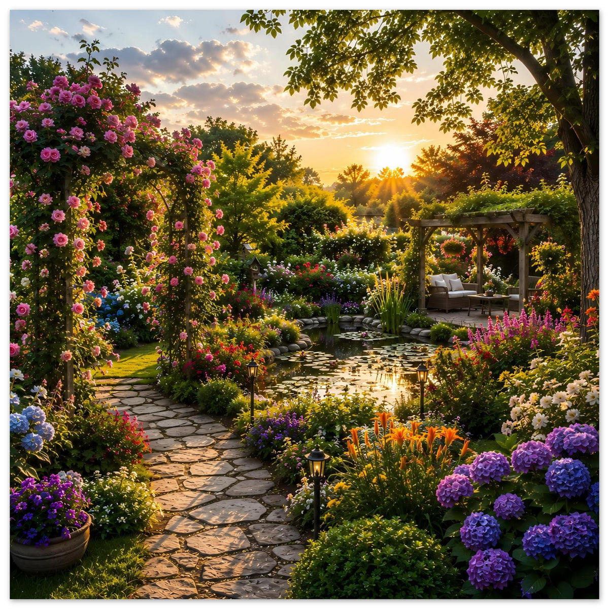 Poster mit Gartenmotiv: blühende Rosen und Stauden, Steinweg und Sonnenuntergang im Hintergrund