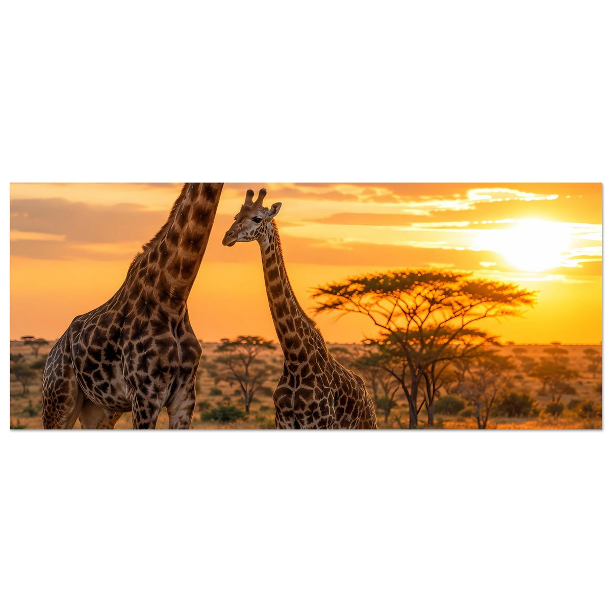 Horizontales Poster mit Giraffen im Sonnenuntergang, Panoramaansicht