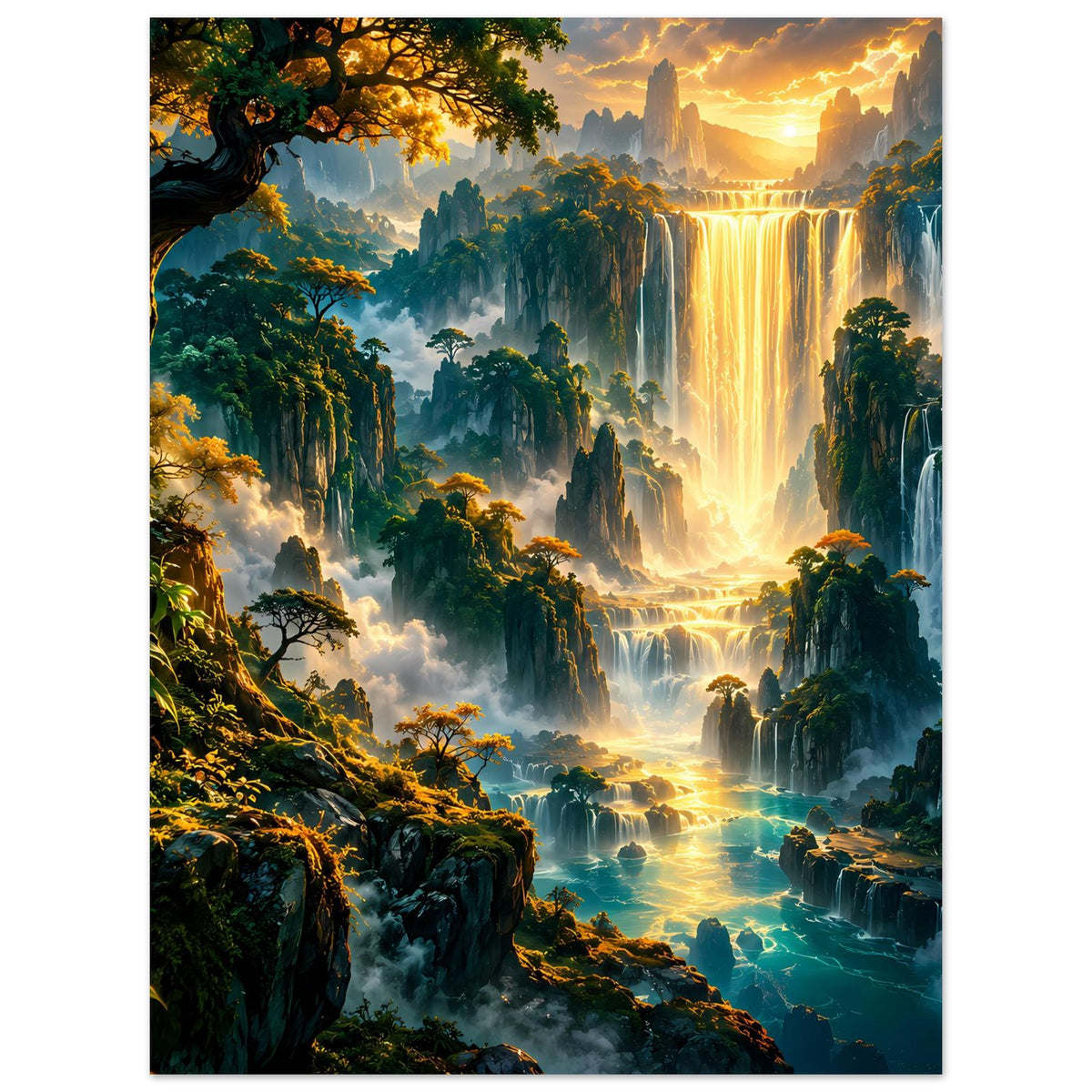 Landschaftsposter mit goldenem Wasserfall, hohen Klippen, dichten Bäumen und warmem Abendhimmel
