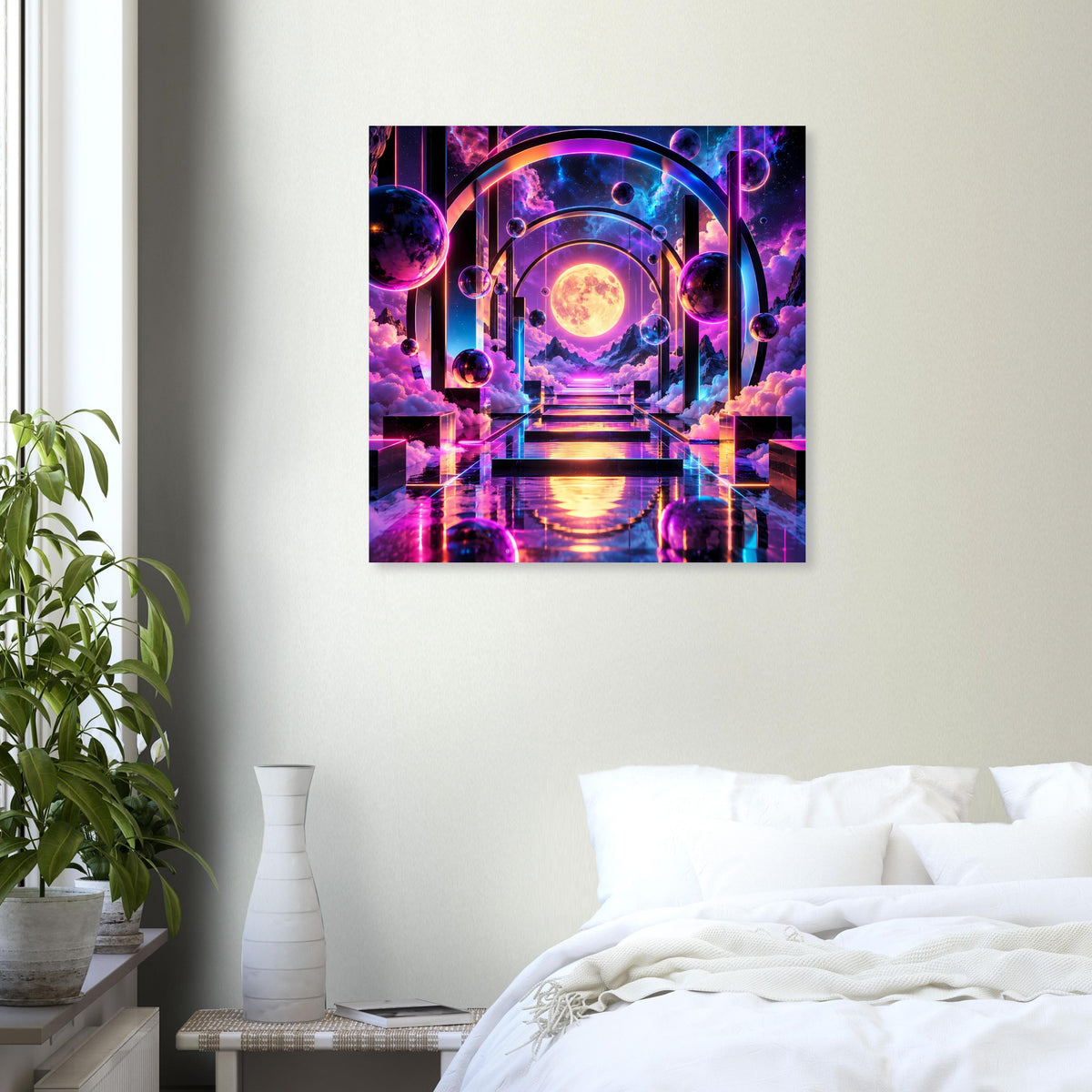Quadratisches Poster mit futuristischem Weltraumtor, leuchtender Kugel und Regenbogen-Lichtbändern