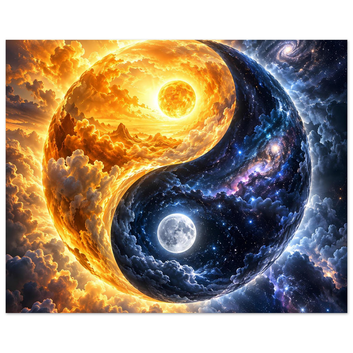 Cosmos-Yin-Yang-Poster mit goldenem Planeten und blauem Sternenhimmel, gerahmt