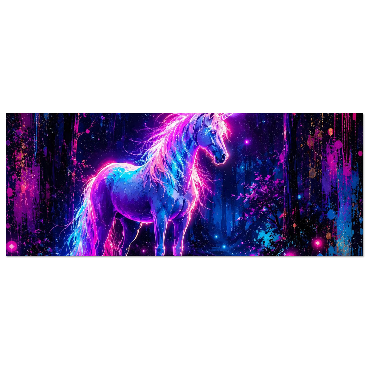 Neon-Einhorn-Poster im Querformat: leuchtendes Einhorn im Wald, pinke und blaue Glows