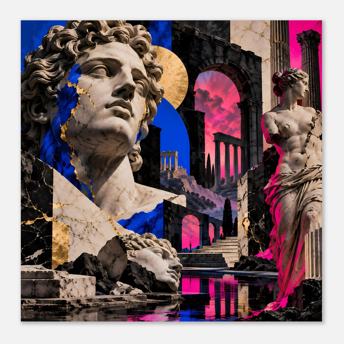 Poster mit antiker Büste und Säule, blau-pinke Farbflächen, mehrfarbige Collage