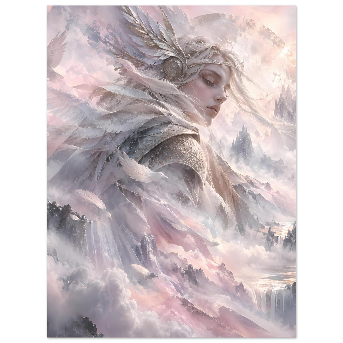Senkrechtes Fantasy-Poster: Nahansicht der geflügelten Kriegerin mit Federhelm und Dunst