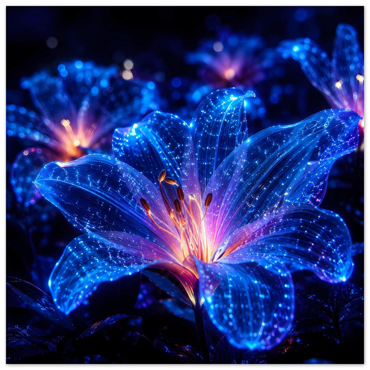 Leuchtendes Blumenposter: blaue Blüten mit glitzernden Details und zentralem Leuchten