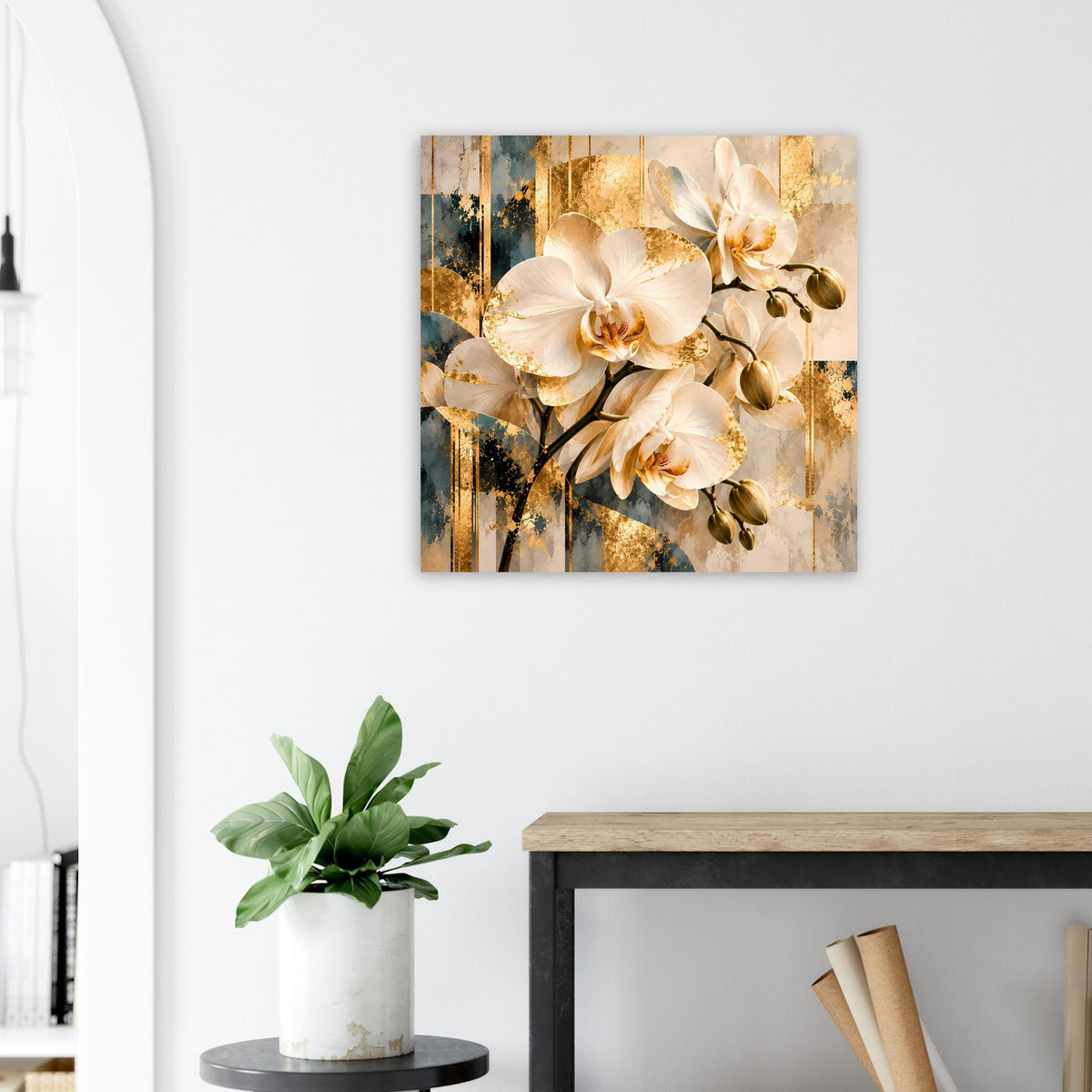 Orchideen-Poster mit goldglitzernden Partikeln und weißen Blüten im quadratischen Motiv