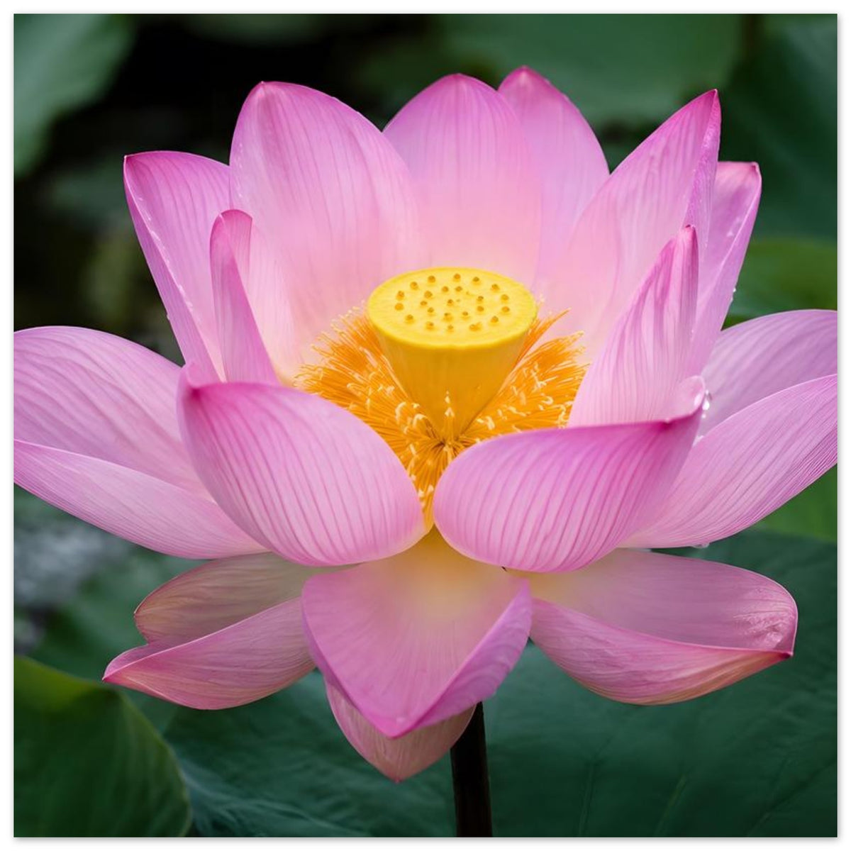 Poster mit rosa Lotusblüte und gelbem Staubgefäß; Fokus auf die Blütenmitte