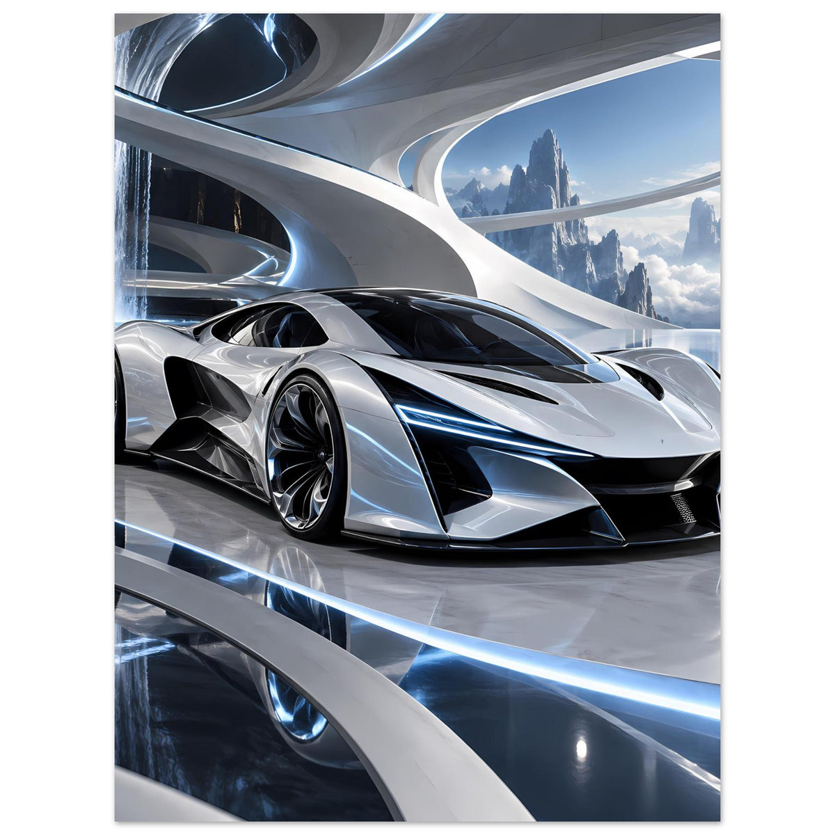 Futuristisches Auto-Poster: silberner Supersportwagen mit schmalen blauen Lichtstreifen