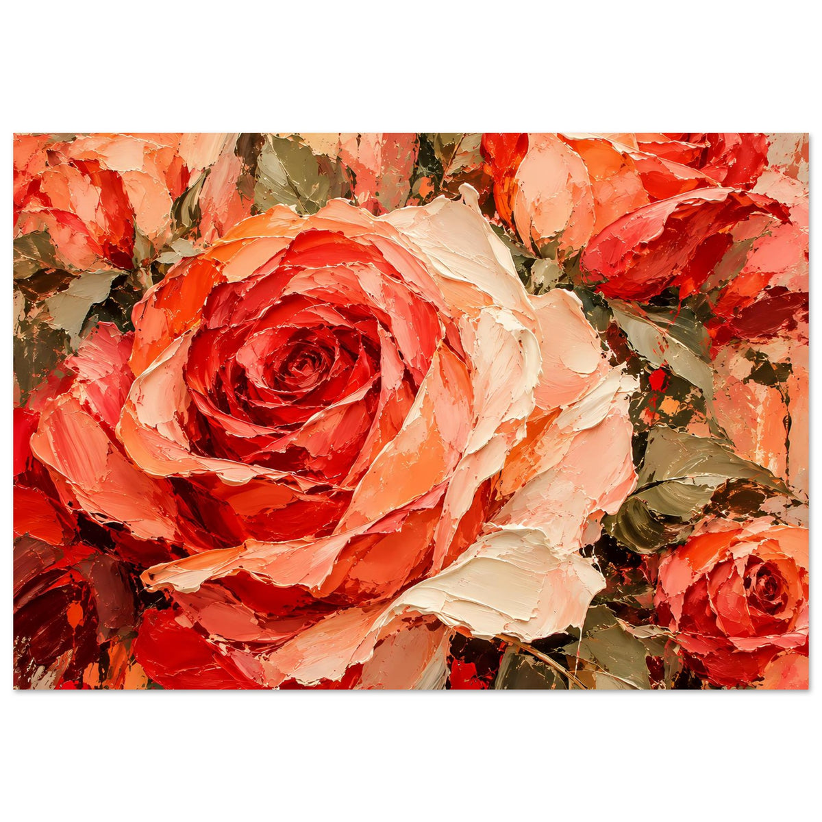 Wandposter mit üppigem Rosenmotiv: rote, apricotfarbene und cremefarbene Blüten