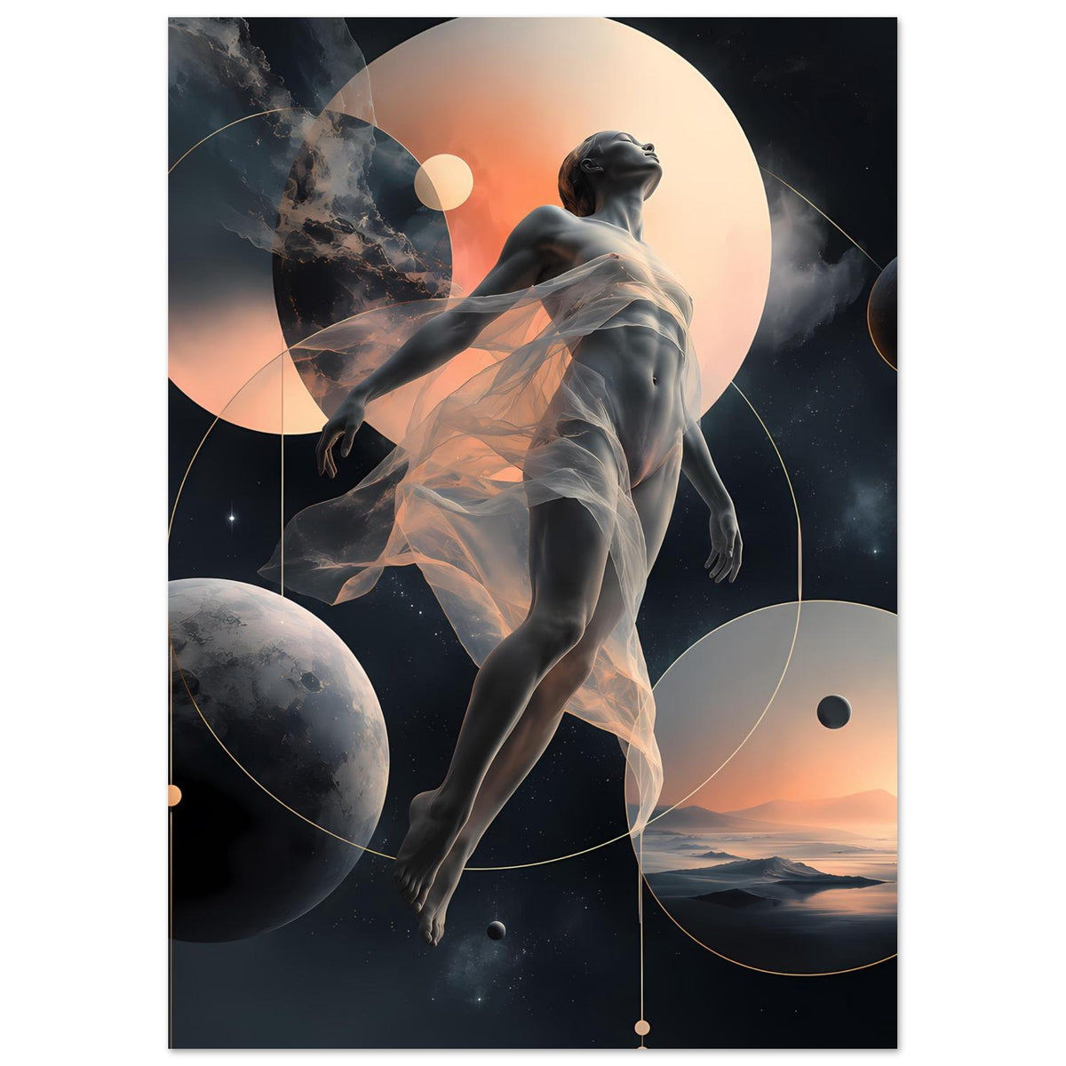 Poster mit Figur im Schleier, umgeben von Mondsicheln, Planeten und Linien im Space-Design