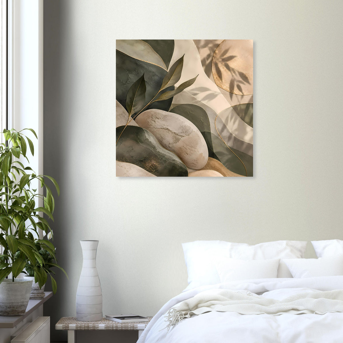 Quadratisches Poster mit Pflanzen- und Steinmotiv in sanften Naturtönen