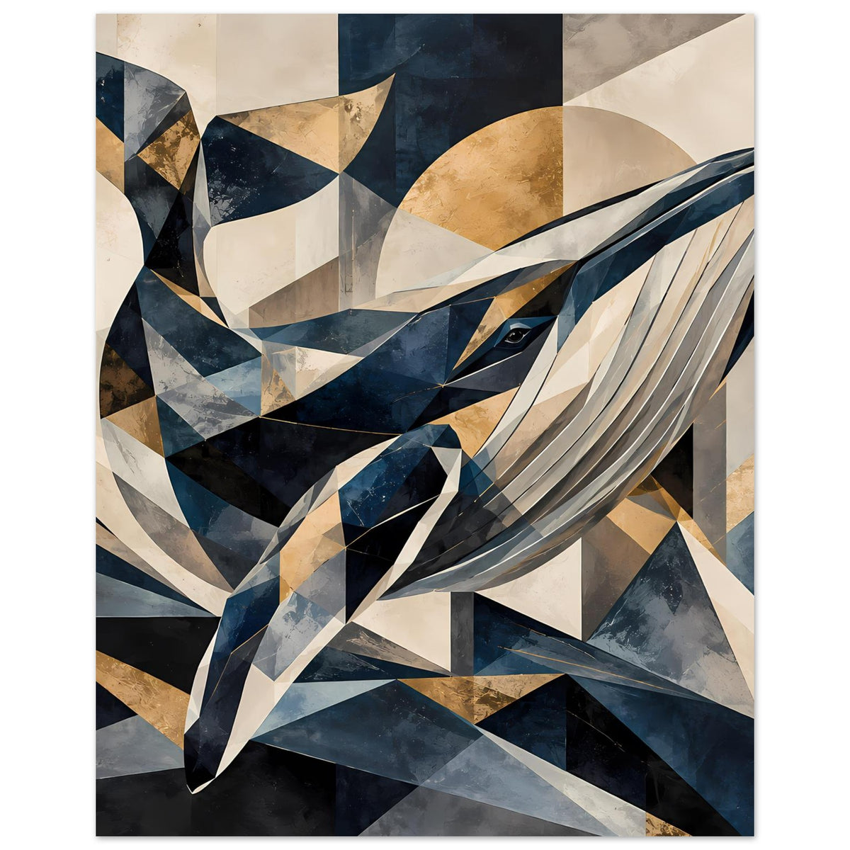Vertikales Poster mit geometrischem Walmotiv, Akzente in Blau, Gold und Creme