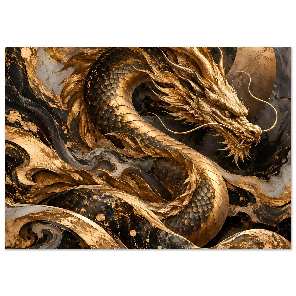 Fantasy-Poster mit goldenem Drachen über schwarzem Rauch, schuppiger Hals und Kopf im Fokus