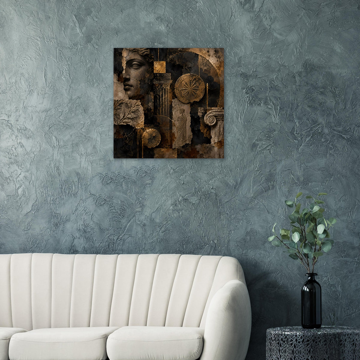 Quadratisches Wandposter: antike Büste mit Kreismotiv in Bronze und Schwarz