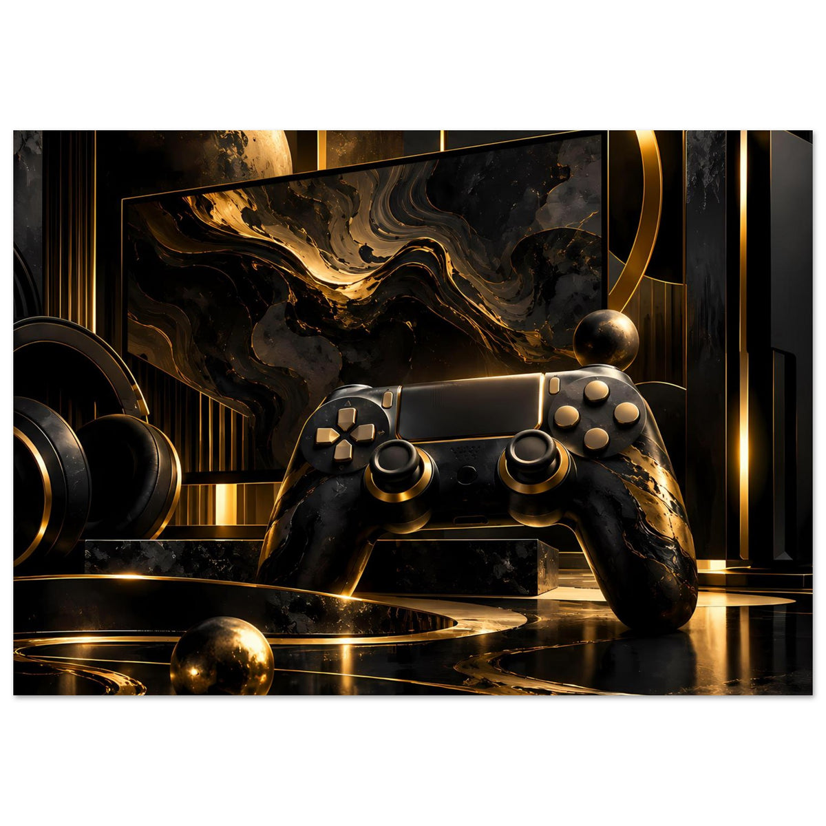 Gaming-Poster mit Gamecontroller in Schwarz und Gold, Sphären im Vordergrund und Lichtlinien