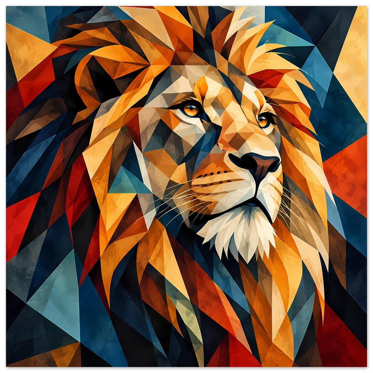 Geometrisches Löwenposter mit Löwenkopf, orangefarbene Mähne und blaue Akzente