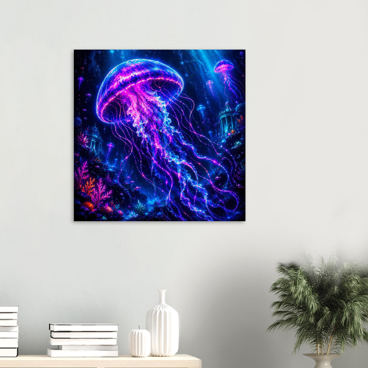 Kleines quadratisches Poster mit leuchtender Qualle, violett-blau, im schwarzen Rahmen