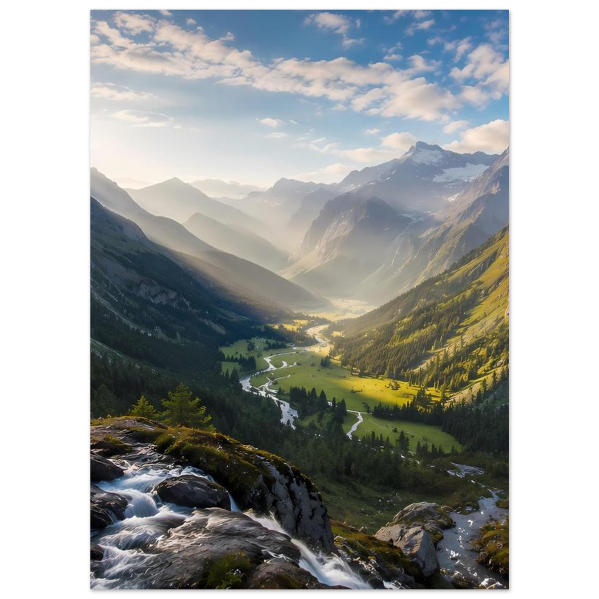 Landschafts-Poster mit Gebirgsbach, grünen Hängen und Bergen, Hochformat