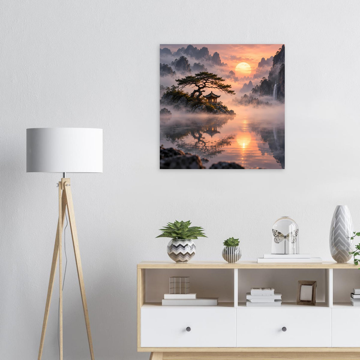 Wandposter mit ruhiger asiatischer Landschaft, Pagode, Baum und Sonnenuntergangs-Reflexion