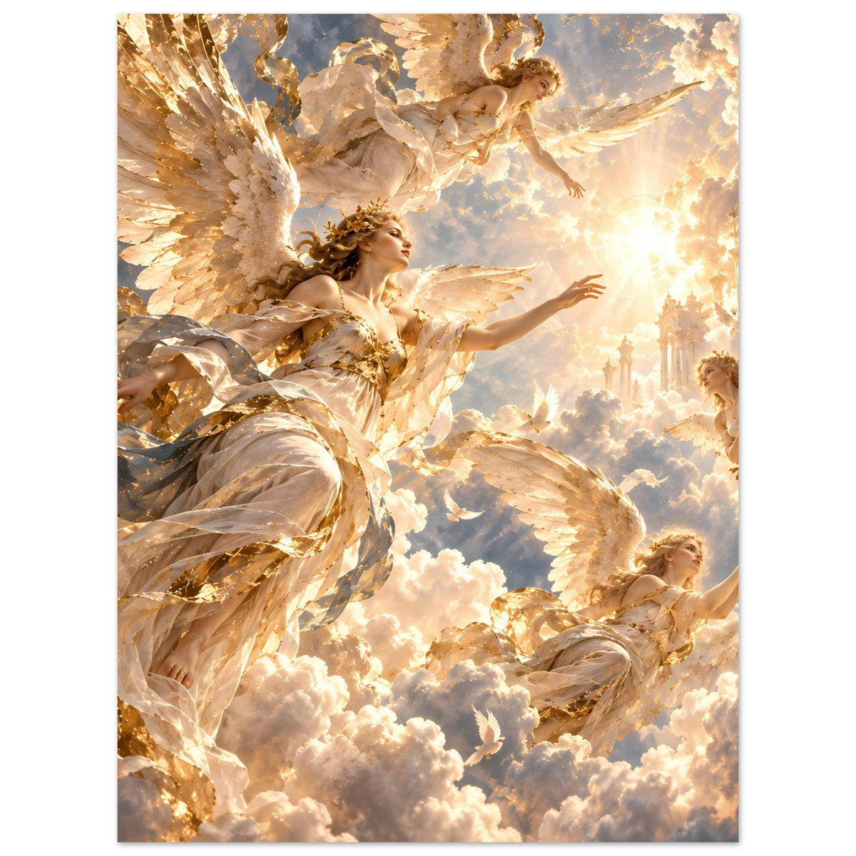 Premium-Matte-Poster: goldene Engelsflügel, segnende Pose über strahlendem Himmel