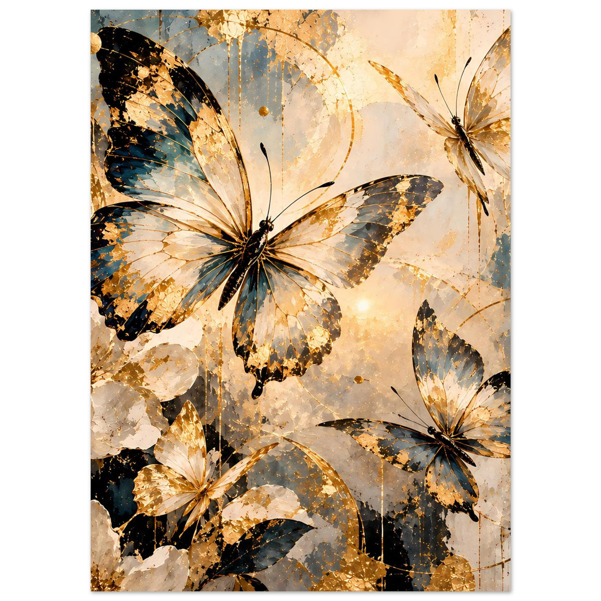 Schmetterlings-Poster mit großen Faltern in Gold, Blau und Beige, leicht verspieltes Muster