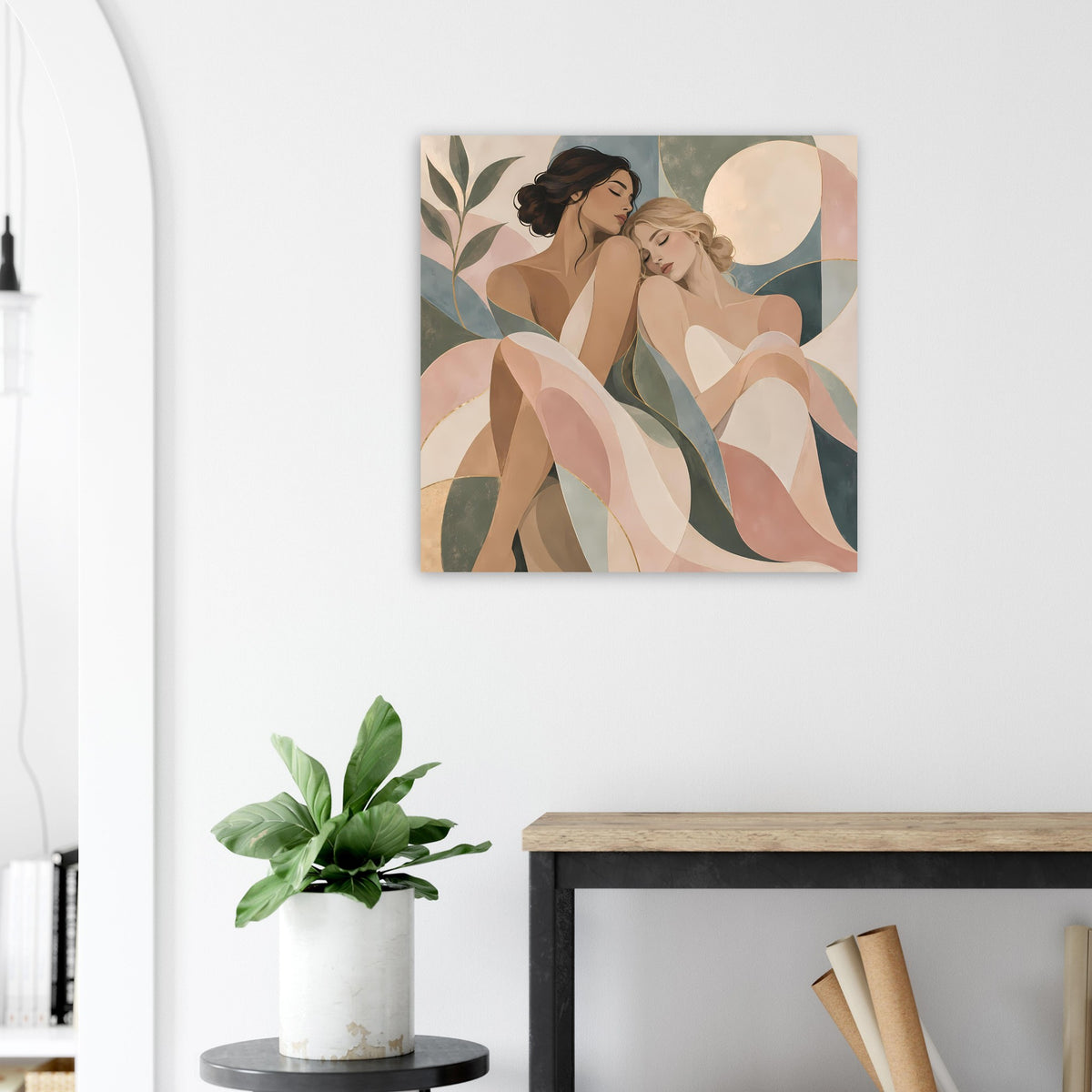 Quadratisches Kunstposter mit zwei Frauen im Profil, organischen Linien und stilisierten Blättern