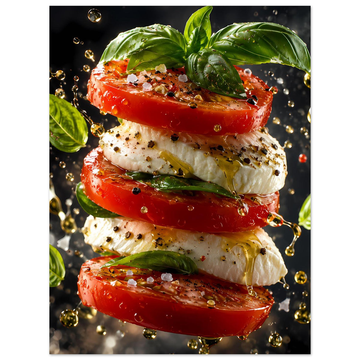 Küchenposter im Hochformat: Schicht aus Tomaten, Mozzarella und Basilikum mit Tropfen