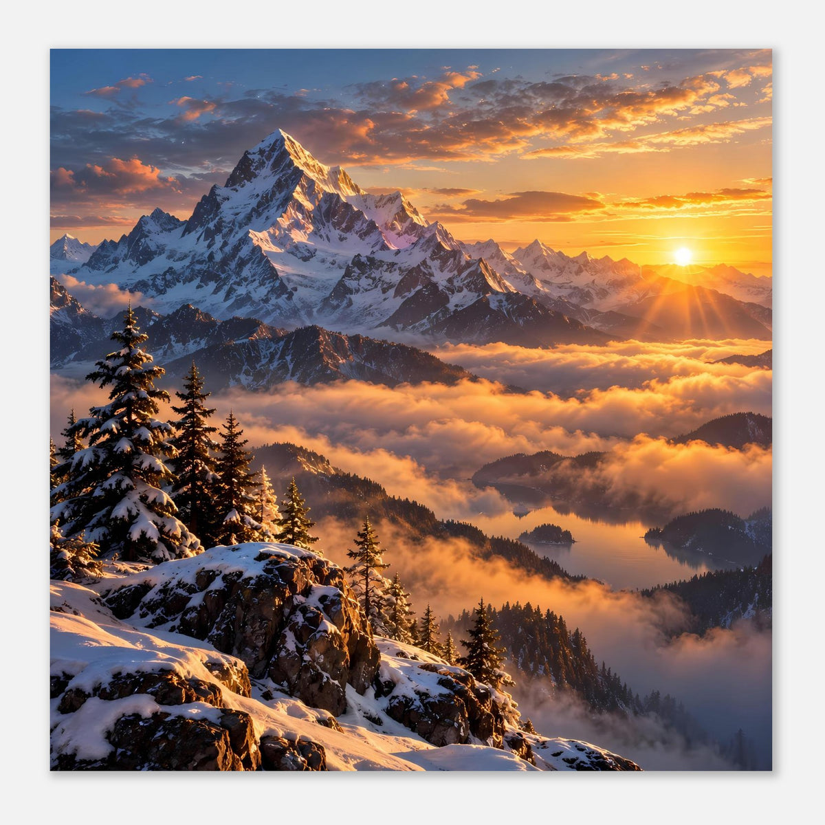 Poster mit Berggipfeln im Sonnenaufgang, verschneiten Felsen, Tannen und Wolkenmeer