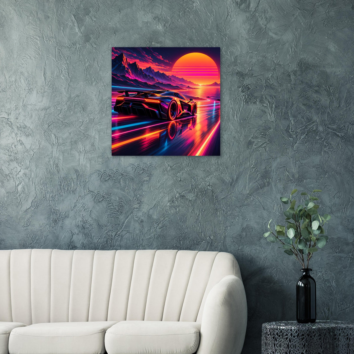 Quadratisches Poster mit Supercar, orangefarbener Sonne und neonblauen Lichtspuren