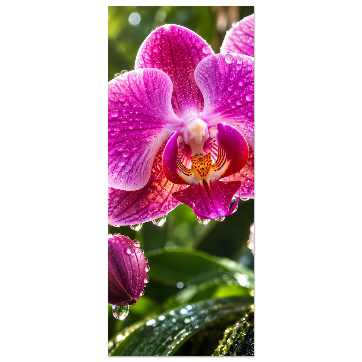 Vertikales Posterausschnitt: pinke Orchidee mit Wassertropfen und Blütenknospen