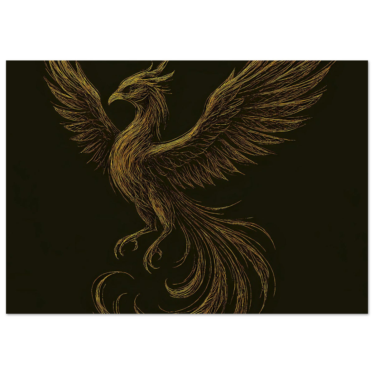 Poster mit goldener Phönix-Figur, ausgebreitete Flügel, Fokus auf Körper und Schweif